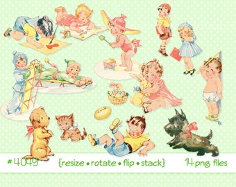 Vintage Baby Clipart: Toddlers, Pets, Toys (Printable PNG Files)