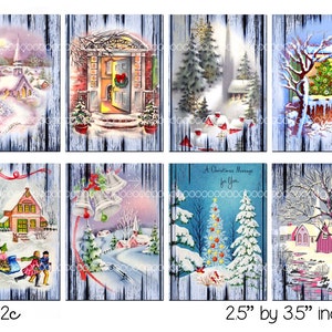 Digitale Clipart, instant download, Vintage kerstbomen, klokken, huizen, sneeuw, Kerstkerk --8.5 door 11--Digitale Collage Blad 1992c
