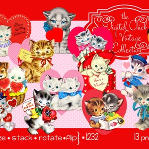 Digital clipart, instant download, Vintage Kitten Valentine Clip Art, mail man, kitty cat cats hearts ribbons--13 PNG files 1232