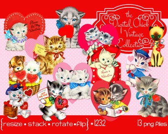 Vintage Kitten Valentine Clip Art: 13 PNG Files (Digital Download)