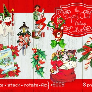 Vintage Weihnachten Bilder Digital Clipart, sofortiger Download, Frau Weihnachtsstern Rentier Schneemänner Paar Zuckerstange--Printable PNG Files 6009