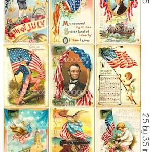 May include: A set of 9 vintage postcards featuring patriotic imagery, including the American flag, George Washington, and Independence Hall. The postcards are printed on aged paper with a distressed look. The text on the postcards includes "Give us independence", "My country! 'tis of thee, Sweet land of Liberty! Of thee I sing.", "My Country 'Tis of Thee", and "May the wreaths they have won never wither Nor the star of their glory grow dim".