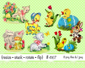 Digital Clipart, instant download, Vintage Easter clip art, little girl Easter bunny eggs ducklings flowers lamb chicks--PNG files 4167