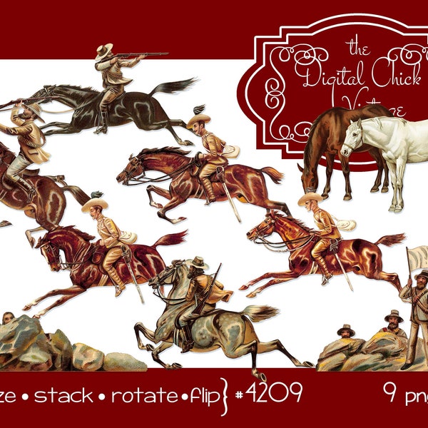 Digital Clipart, instant download, Vintage Horses, horse soldiers, gun fight, Pony soldier, wild west, running horse--PNG files 4209