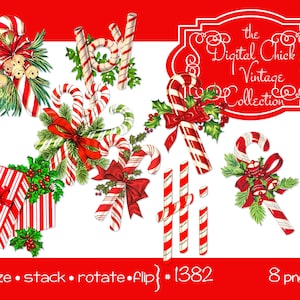 Imágenes prediseñadas digitales, descarga instantánea, imágenes navideñas vintage, regalo de bastón de caramelo de alegría, cintas presentes, acebo de pino--8 archivos PNG imprimibles 1382
