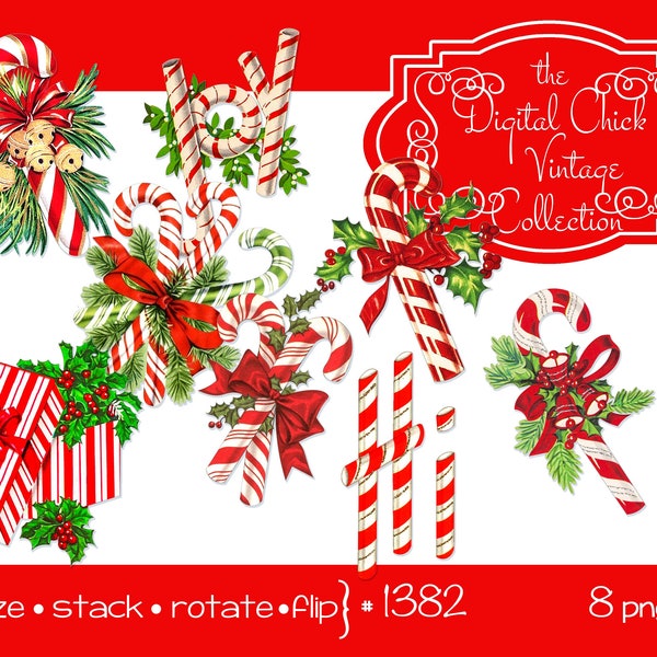 Digital Clipart, instant download, Vintage Christmas Images, joy candy cane gift present ribbons pine holly--8 Printable PNG Files 1382