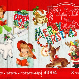 Vintage Weihnachten Bilder digitale Clipart, sofortiger Download, süße skleine Mädchen, Hirsch, Lamm, Weihnachtsmann, Tags--druckbare PNG-Dateien 6004