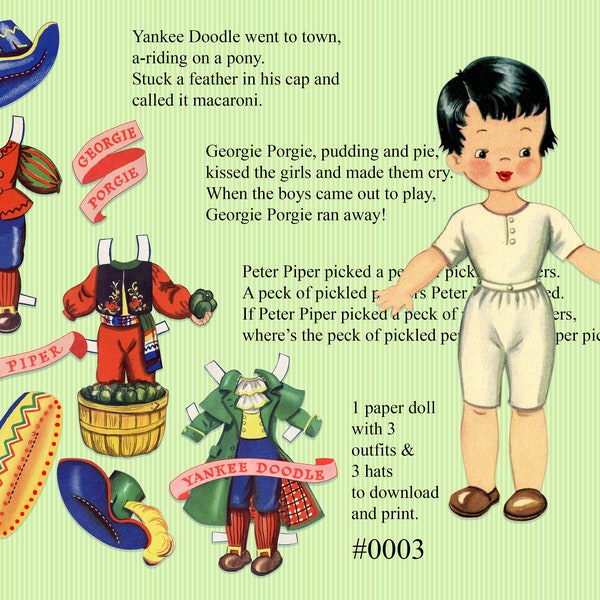 Vintage Nursery Rhyme paper dolls, paperdolls and clothes, download and print Georgie Porgie Yankee Doodle Peter Piper printable sheets 0003