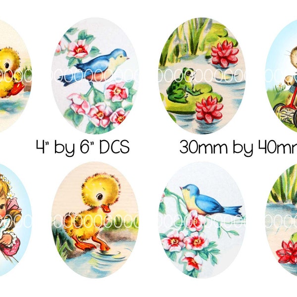 Digital Oval Images, Vintage Easter cameo bunny duck bird frog cute little girl--30 mm by 40 mm Ovals--Collage Sheet (4 by 6 inches) 4134