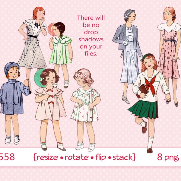 Vintage teenagers and little girls Clipart, Digital download, clip art, young ladies, teens, 1930s Fashion,  scrapbooking, PNG,  jpeg files