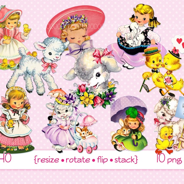 Digital Clipart, instant download, Vintage Easter Images, Easter Bunny, little girl Easter dresses chicks ducks lambs  10 PNG files  4140