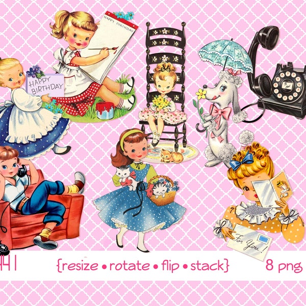 Vintage Girl's  Birthday clipart, Little Girl, pre teen, teen girl, telephone, poodle-- digital download  PNG files 4441