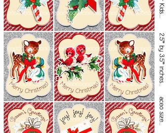 Digital Clipart, instant download, Vintage Christmas Cards or tags for Kids--Candy Canes, Reindeer--8.5 by 11--Digital Collage Sheet 1925