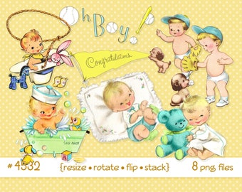 Baby Boy Clipart, instant digital download, Vintage baby, infant clipart, baby toys, baby bath, baseball, sailor, bear--PNG files  4532