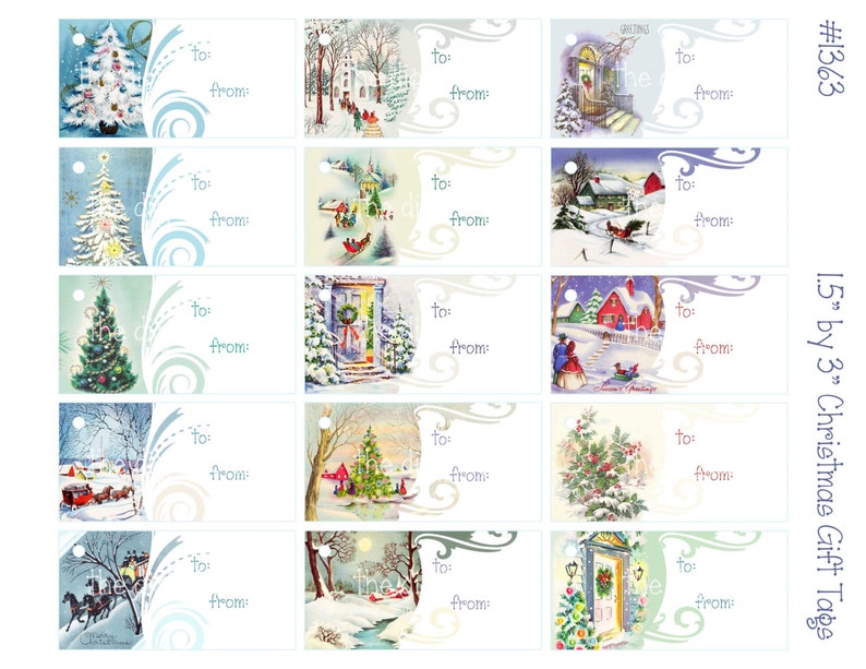 Digital clipart printable Christmas gift tags snowy scene instant download digital collage sheet 8.5 by 11 1363 Christmas trees