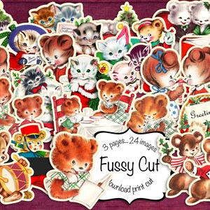 Fussy Cut Weihnachten Druckbare Seiten, Kleine Bären, Kitties, digitaler Download, 24 Bilder, 3 Seiten zum Schneiden, Journaling, Ephemera, Scrapbooking
