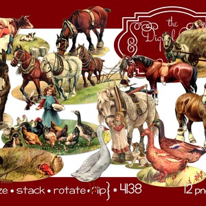 Clipart numérique, téléchargement immédiat, vie à la ferme vintage, animaux de trait cheval poney vache veau mule chien poulet, canard, oie-12 fichiers PNG 4138