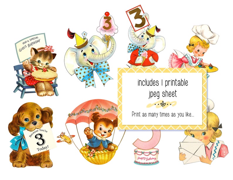 Vintage Children's Birthday Clipart 3 Year Old Little - Etsy