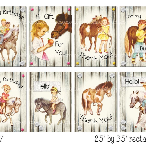 Digital Clipart, instant download, Vintage Greeting Card Images--girl, boy birthday, horse, pony--8.5 by 11--Digital Collage Sheet 2107