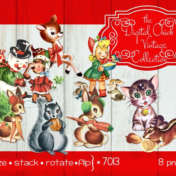 Vintage Christmas Clipart Images, rabbits, squirrel, chipmunk, little girl, snowman, reindeer, digital download--Printable PNG Files 7013