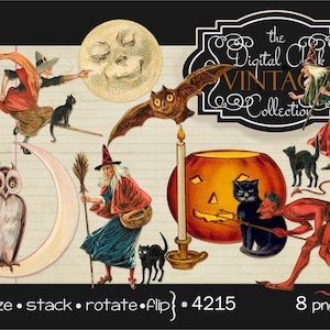Digital Clipart, Vintage Halloween Clipart--instant digital download--Clip Art, Pumpkins, Black Cats, Witches, owls moon--8 png files 4215
