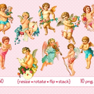 Digital clipart, instant download, Victorian Vintage Valentine Imagescupid cherub angel wings flowers bow and arrow10 PNG files 1250 image 1