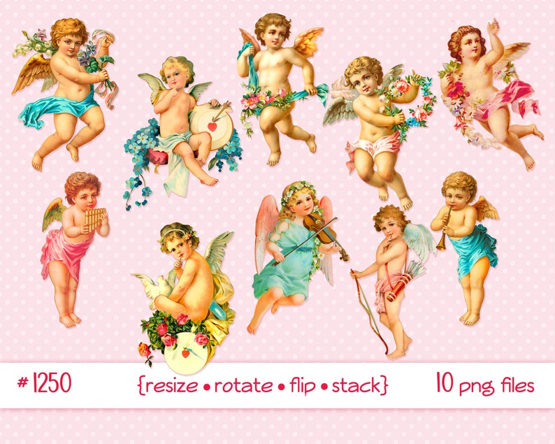 Digital clipart, instant download, Victorian Vintage Valentine Imagescupid cherub angel wings flowers bow and arrow10 PNG files 1250 image 1