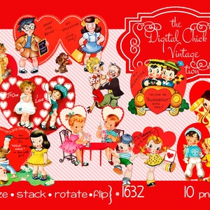 Digitale Clipart, instant download, Vintage Valentine Images --Kleine koppels Meisjes en Jongens soda shop dansen tuba, jitterbug--PNG bestanden 1632