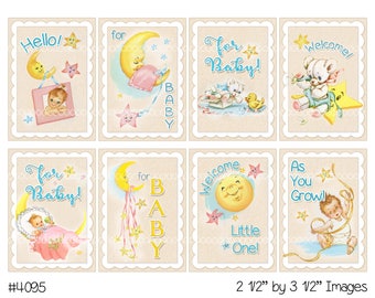 Digital Clipart, instant download, vintage baby card images, new baby, stars, moon, Teddy Bear, aceo--8.5 by 11--Digital Collage Sheet 4095