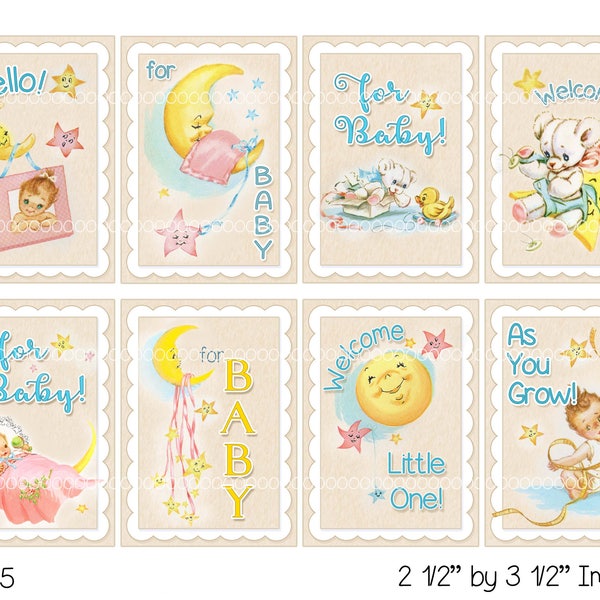 Digital Clipart, instant download, vintage baby card images, new baby, stars, moon, Teddy Bear, aceo--8.5 by 11--Digital Collage Sheet 4095