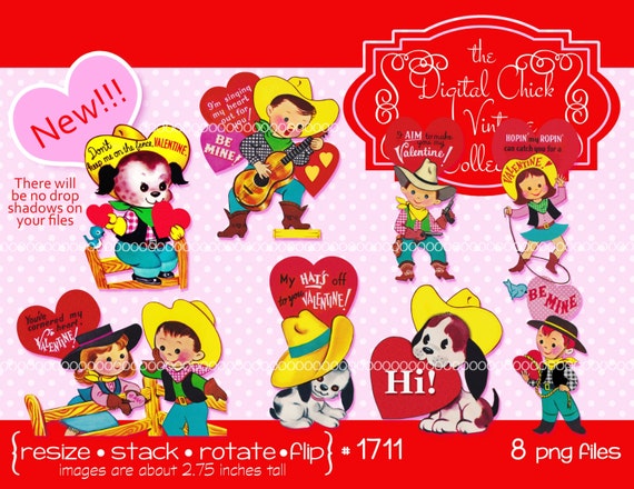 Digital Clipart instant download Vintage Valentines cowboy | Etsy