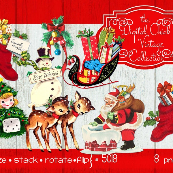 Vintage Christmas clipart, instant download--Santa Claus clipart, reindeer, sleigh, stockings,  Snowman, gifts--Printable PNG Files 5018