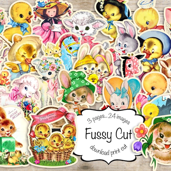 Fussy Cut Easter bunnies, tulips, ducks, chicks, lambs, deer, instant download, 24 images 3 pages to cut, journaling, Ephemera for cards