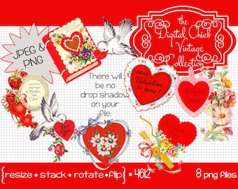 Vintage Valentine Clipart,  Digital instant download, bouquet, flowers, love birds, ribbon, lace, hearts, Teacher, Mom Dad--png files 4612