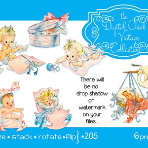Digital Clipart, instant download, vintage baby clip art, baby illustrations, stork, cradle, rattle, blue pink, cute babies, png files  205