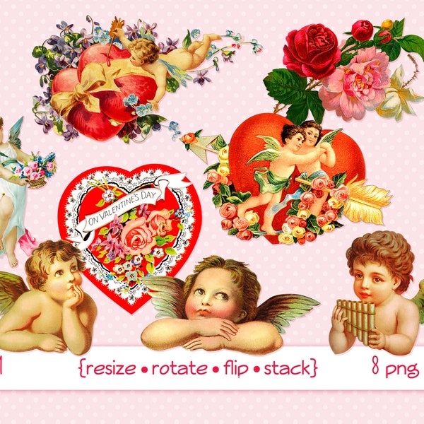 Digital clipart, instant download, Victorian Vintage Valentine Images--cupid cherub angel wings flowers hearts roses--PNG files 1251