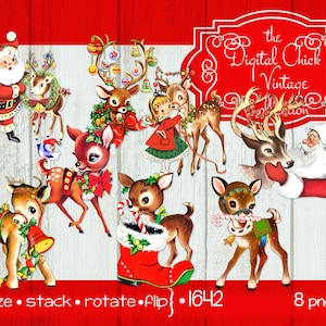 Digital Clipart, instant download, Vintage Christmas Images, deer, reindeer, fawn, antlers, Santa Claus clip art--Printable PNG Files 1642