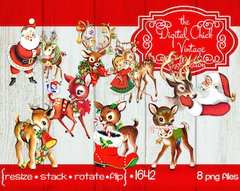 Vintage Christmas Clipart: Santa, Deer, Fawn (Printable PNG Files)
