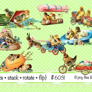 Digital Easter Clipart, téléchargement instantané, vintage Victorian Easter Chicks, Easter Eggs, kittens, rabbit printable clip art, PNG files 6031