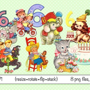 Vintage Children's 6th Birthday clipart, elephant, cat, puppy, pony, cowboy, scooter, digital download  PNG files 5571