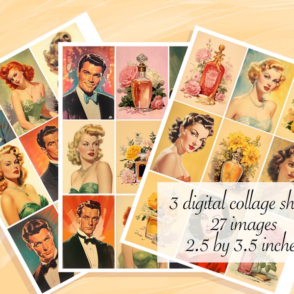 Glamorous women and handsome men, Vintage Images, fancy perfumes, movie star like--8.5 by 11--Three Digital Collage Sheets, 27 images— #8002