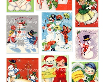 Digital Clipart, instant download, Vintage Snowman couples gifts Vintage Christmas Cards candy canes--8.5 by 11--Digital Collage Sheet  501