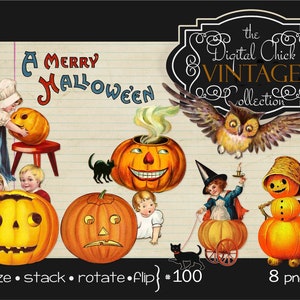 Digital Clipart, Vintage Halloween Clipart--instant digital download--Black Cats, Pumpkins, Children, Owl--PNG Files--8 Images  100