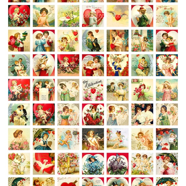 Vintage Valentine Card Images--1 inch scrabble tile lovers cupids flowers hearts children Clipart--8.5 by 11--Digital Collage Sheet 1868