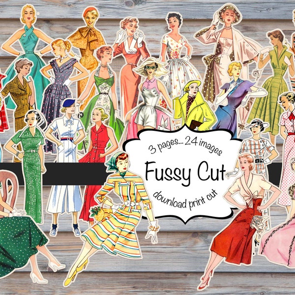 Fussy Cut Vintage fashion women ladies, printable, Digital instant download, 24 images 3 pages to cut, junk journaling, Ephemera, fussy cut