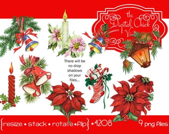 Digital Clipart, instant download, Vintage Christmas Card Images--poinsettia Christmas stocking candles pine bell, bells--PNG Files 4208