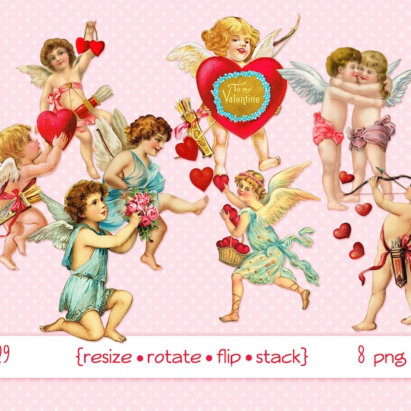 Digital clipart, instant download, Victorian Vintage Valentine Images--cupid cherub angel wings flowers bow and arrow--PNG files 6029