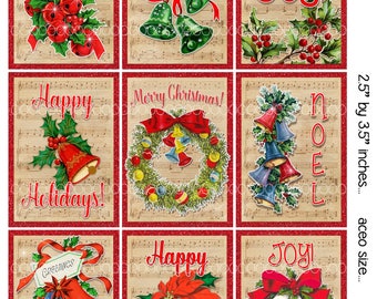 Digital Clipart, instant download, Vintage Christmas Cards tags--Holly, Bells, Wreaths, Jingle Bells--8.5 by 11--Digital Collage Sheet 4104