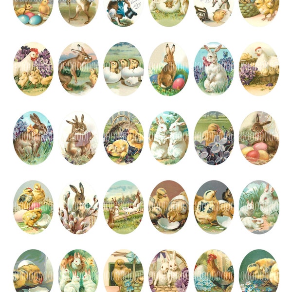 Printable Oval Cabochons, Vintage Images for pendant cameo 30mm by 40mm Easter. chicks, rabbits, eggs--8.5 by 11--Digital Collage Sheet 4017