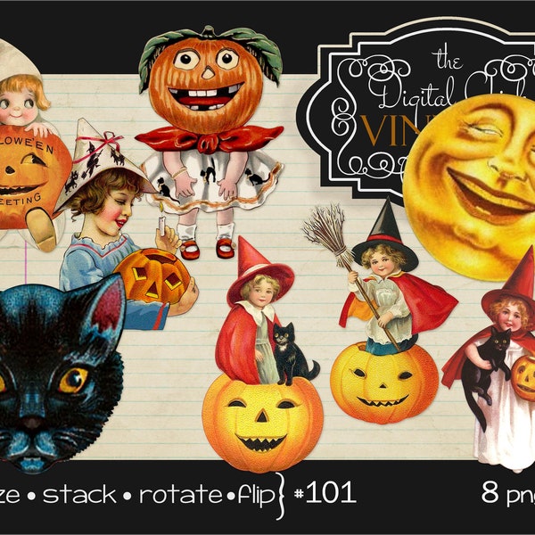 Digital Clipart, Vintage Halloween Clipart--Costume, Witch, Pumpkins, Black Cat, Moon, broomstick--printable PNG Files--8 Images     101